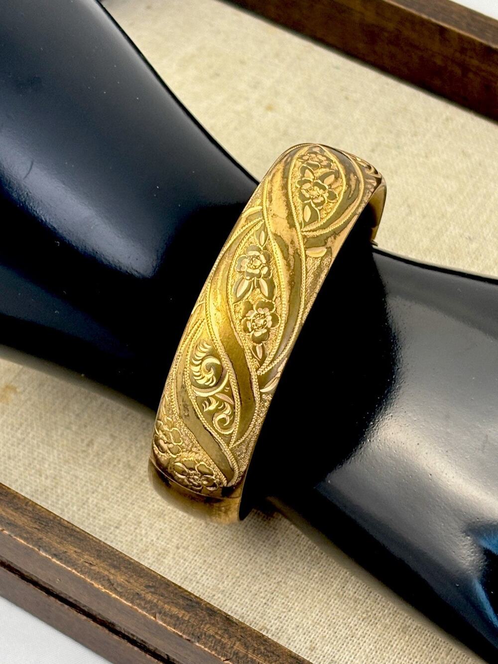 Antique 38.93 Grams English Cartouche Gold Filled Etched Floral Hinged Bracelet